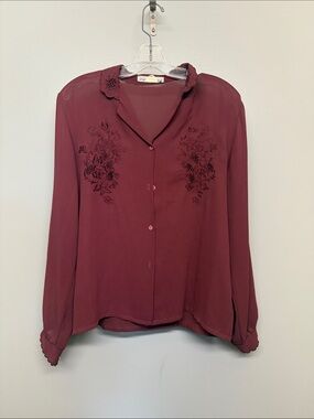 Vintage Embroidered Button Front Burgundy Blouse